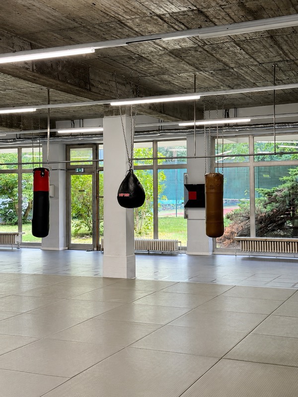 Sandsäcke im hellen Boxbereich mit bodentiefen Fenstern